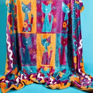 New Quilty Cats Throw Blanket Fleece Multicolor Quilt Style 50x60" Cat Lady Box